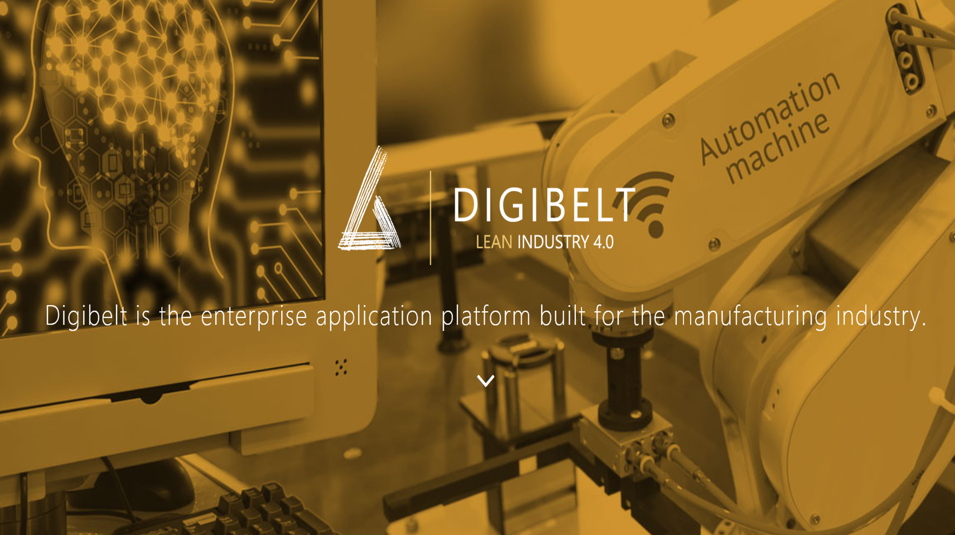 An image shows a computer screen with a digital brain next to a robotic arm labeled "Automation Machine." The text reads "Digibelt - Lean Industry 4.0," highlighting its lean manufacturing business platform for effective change management.