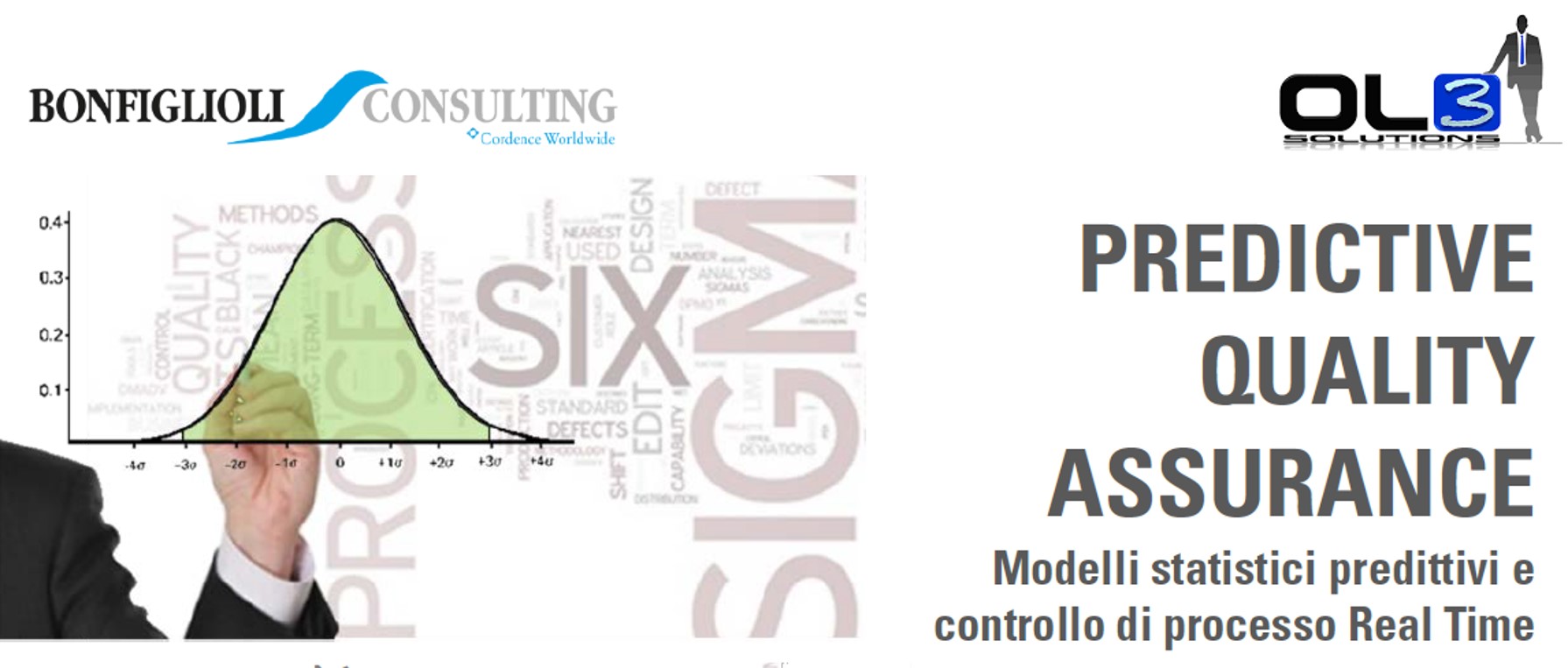A professional points to a graph showing a bell curve. The surrounding text highlights "Predictive Quality Assurance," "Bonfiglioli Consulting," and "Ol3 Solutions." In Italian, it discusses statistical and real-time process control models essential for production chain optimization and business continuity.