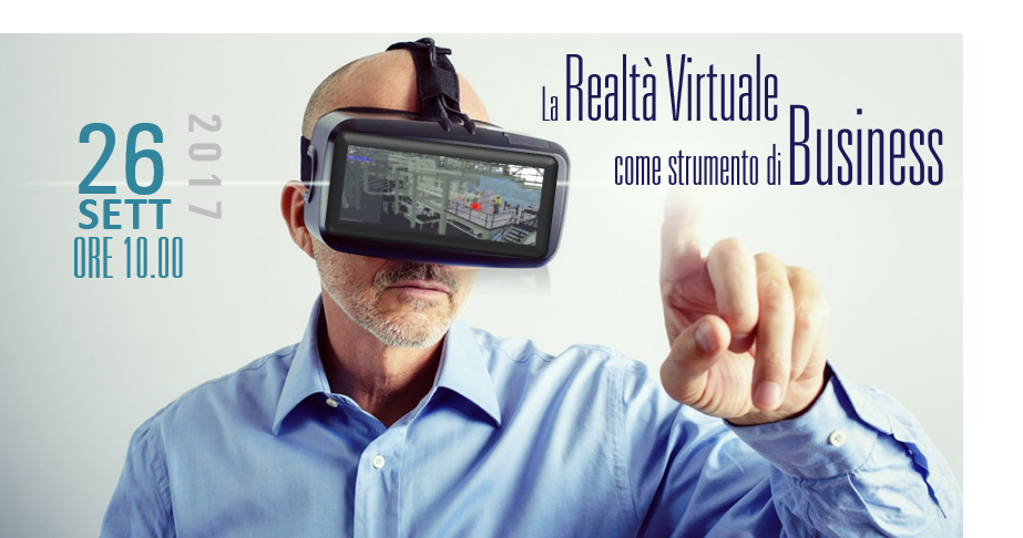 A man wearing a VR visor, explores a virtual building model. The text on the image reads "Virtual Reality as a Business Tool," highlighting its role in lean manufacturing. Join us on Sept. 26, 2017, 10 a.m. for an enlightening session.