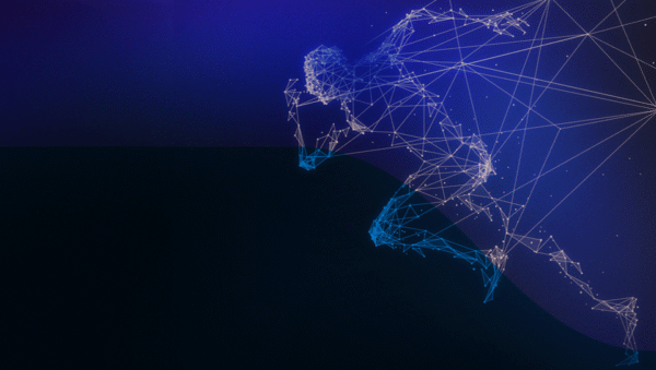 A digital illustration of a running human figure composed of blue and white connected lines and dots on a dark shaded background, symbolizing the movement, speed, technology and innovative spirit of a Digital Manufacturing Officer.