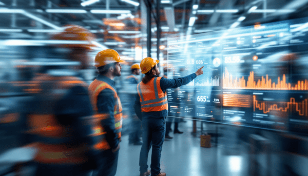 Operai con giubbotti e caschi di sicurezza esaminano un grande display digitale con grafici e diagrammi di dati in un vivace ambiente industriale, che incarna lo spirito di una fabbrica agile, circondata da figure e macchinari sfocati.