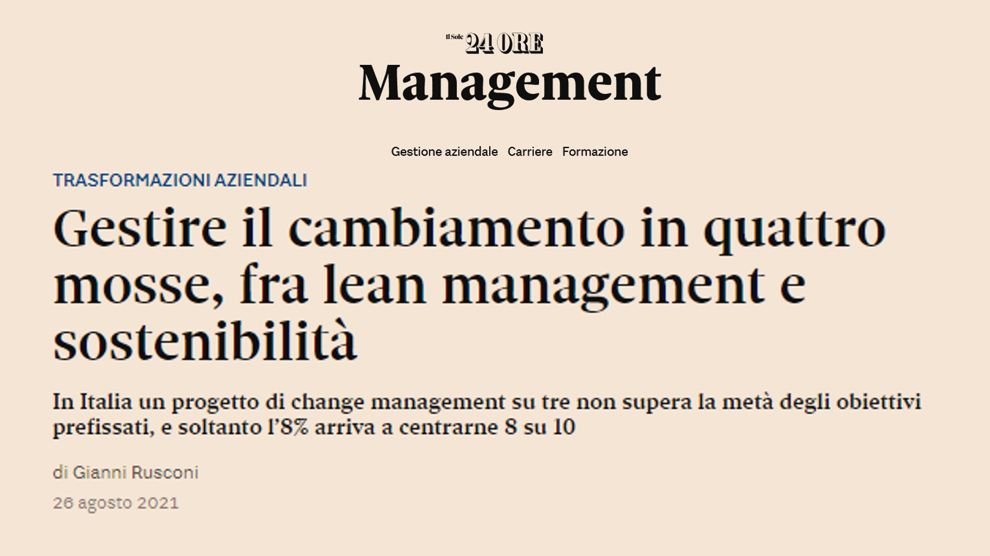 Il Sole 24Ore | Gestire il cambiamento in quattro mosse, fra lean management e sostenibilità