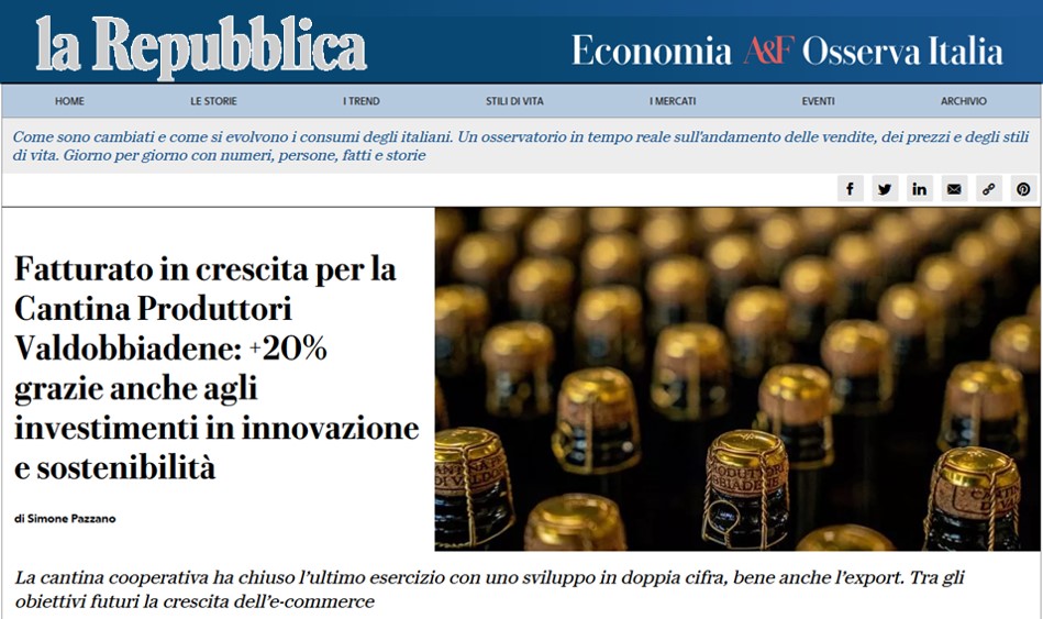 La Repubblica | Fatturato in crescita per la Cantina Produttori  Valdobbiadene: +20% grazie anche agli investimenti in innovazione e  sostenibilità