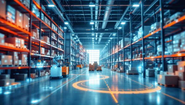 A modern Lean Warehousing facility with tall shelves stacked with boxes, robotic vehicles transporting goods, and light lines on the floor indicating automated navigation routes. Bright light comes from the large windows at the end of the hallway.