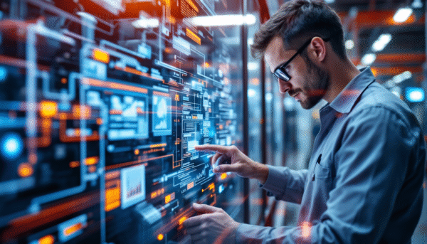 A man in glasses interacts with a large, transparent digital interface that displays complex data and graphs in a modern, high-tech environment focused on professional maintenance.