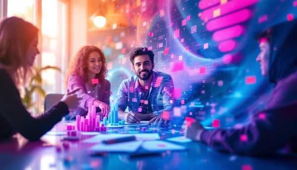 A diverse group of people gathered around a table, engaging in a creative discussion about improvement projects. Digital graphics and vivid data visualizations floated around them, creating an atmosphere that was both futuristic and collaborative.