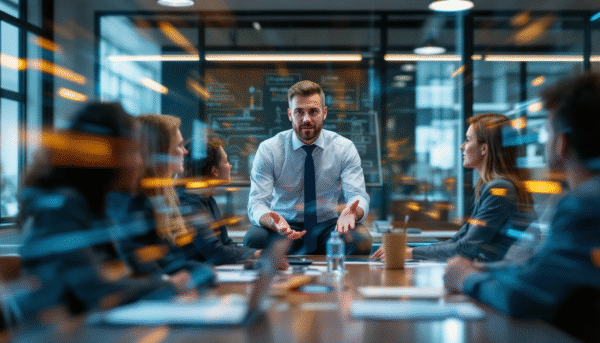 A man in a business suit sits at a conference table and conducts a training session with colleagues in a modern office where glass walls, digital graphics and blurry lighting create a dynamic atmosphere.