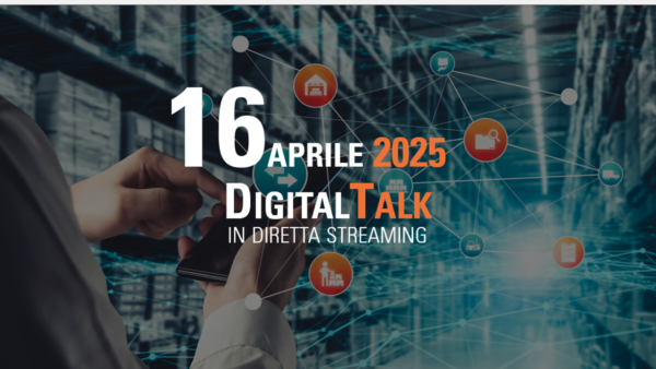Mani che tengono uno smartphone in un magazzino con icone di rete digitale. Il testo recita "16 aprile 2025 Digital Talk in diretta streaming, scopri come l'Intelligenza Artificiale può ottimizzare le scorte nel magazzino.
