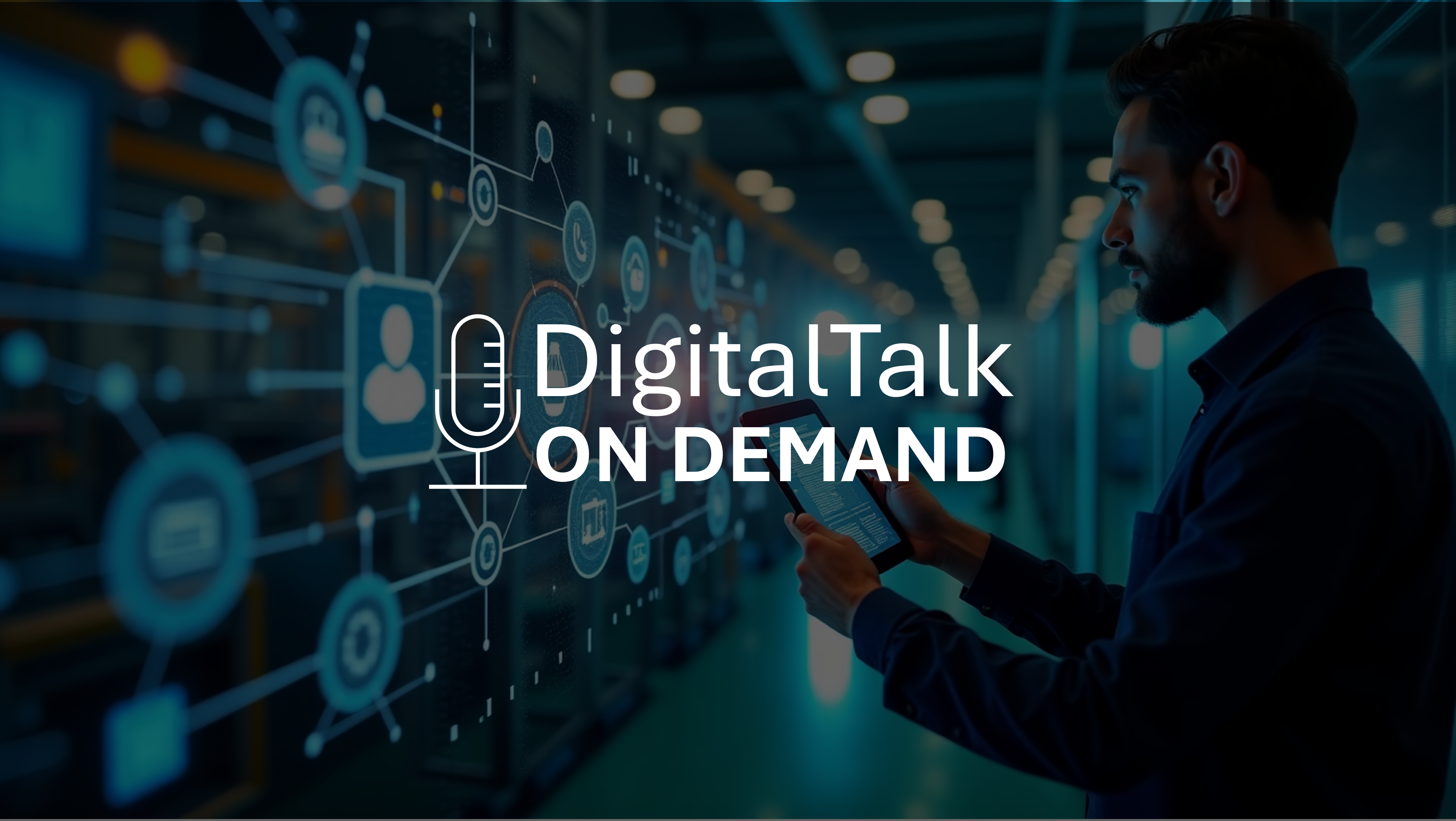 Un uomo in abbigliamento da lavoro interagisce con un touchscreen digitale in un moderno ambiente d'ufficio. Lo schermo, potenziato da SmartServe AI, mostra icone collegate da linee. Il testo sovrapposto recita "Digital Talk On Demand", con un'icona di microfono.