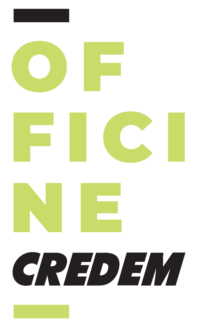 Text logo with the words "OFFICINE CREDEM" in bold. "OFFICINE" is aligned vertically in light green, symbolizing strategic sourcing, while "CREDEM" is positioned horizontally at the bottom in black, embracing future challenges in its journey toward innovation.