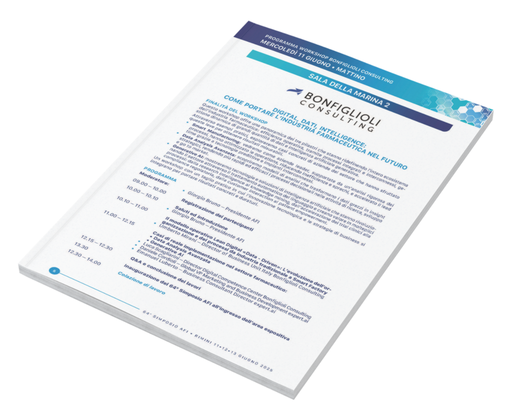 A brochure from Bonfiglioli Consulting outlines the workshop program for the AFI SIMPOSIO event. It includes session times and topics on digital data intelligence, as well as speaker information and meeting details. The design features blocks of text and blue accents.