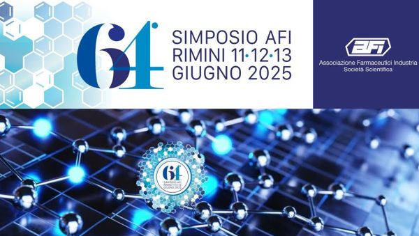 Immagine promozionale per il 64° Simposio AFI, che presenta un workshop ambientato a Rimini, dall'11 al 13 giugno 2025. Tra i punti salienti figurano motivi esagonali e un primo piano di una struttura di rete, insieme ai loghi dell'AFI e della società scientifica.