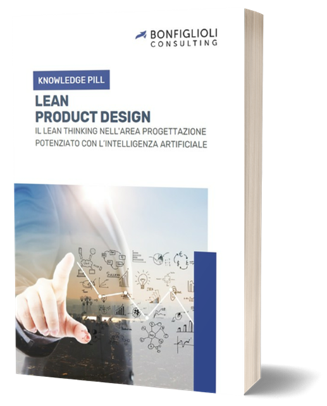 Libro intitolato "Lean Product Design" di Bonfiglioli Consulting. La copertina raffigura un indice che punta verso icone fluttuanti ed elementi digitali, a simboleggiare l'innovazione e gli approcci lean nel potenziamento del product design attraverso l'intelligenza artificiale.