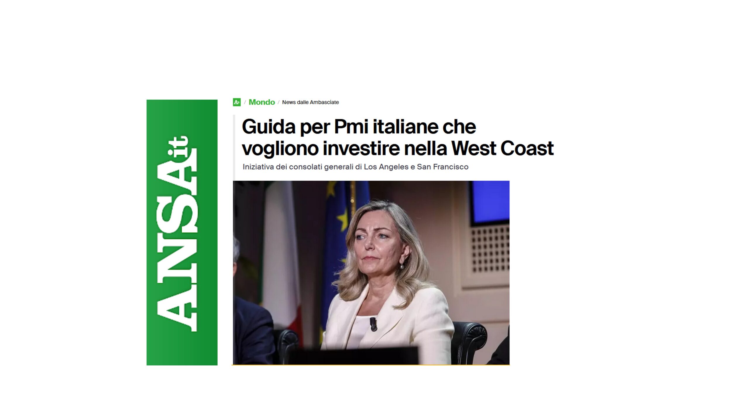 Un articolo di Ansa.it intitolato "Guida per le Pmi italiane che vogliono investire nella West Coast", pubblicato il 14 aprile 2025, presenta una donna bionda in giacca bianca seduta davanti a un microfono.