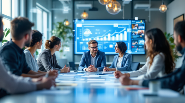A group of professionals sit around a conference table in a modern meeting room. They carefully discuss Corporate Academy strategies while a large screen displays diagrams and charts. Bright lights and plants contribute to the contemporary atmosphere, encouraging growth and innovation.
