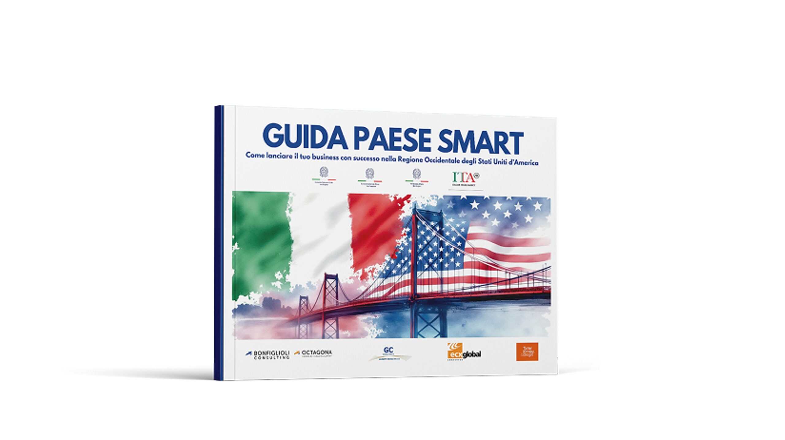 Copertina della "Guida Paese Smart", una guida turistica che presenta bandiere italiane e americane, un ponte sospeso e vari loghi di organizzazioni visualizzati in alto e in basso.
