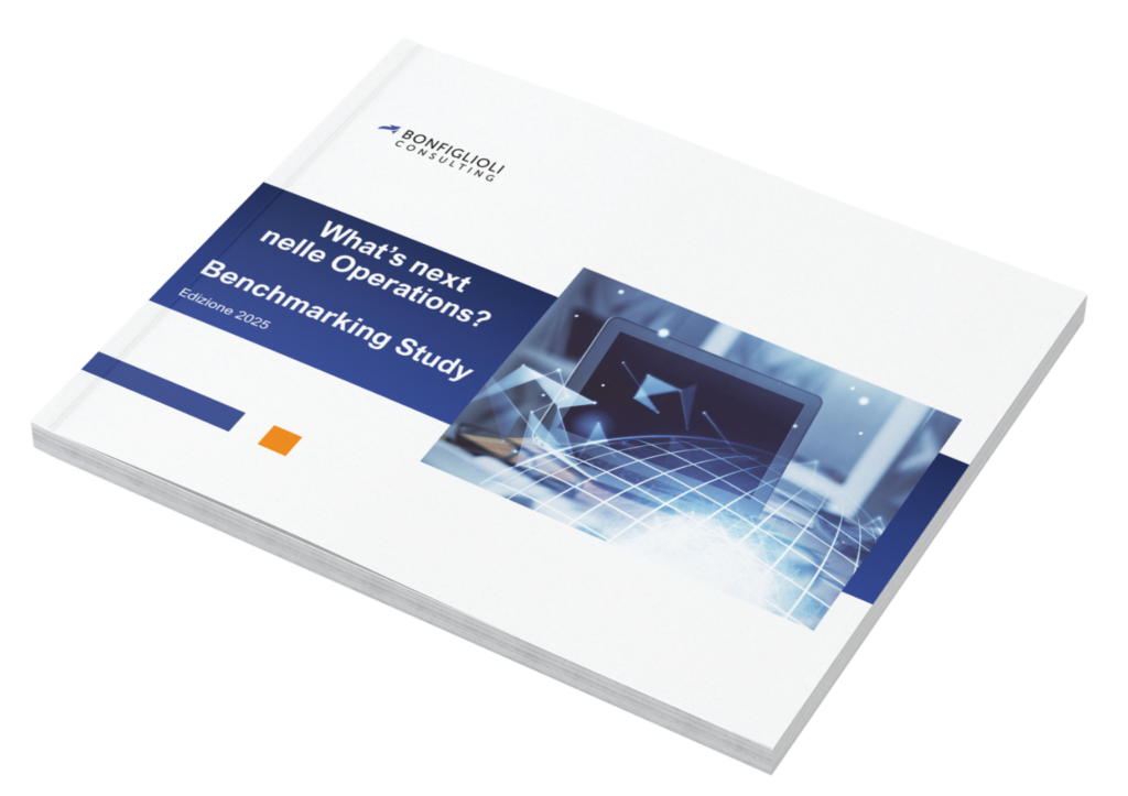 Una brochure intitolata "What's next nelle Operations? Benchmarking Study Edizione 2023" di Bonfiglioli Consulting presenta un Osservatorio Permanente. La copertina presenta una grafica digitale con un tablet e un design di rete, che simboleggia il panorama moderno dell'eccellenza operativa.