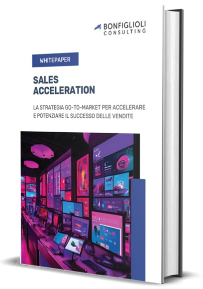 Rendering 3D di un libro intitolato "Accelerazione delle vendite" di Bonfiglioli Consulting. La copertina presenta un'intestazione in carta bianca con testo in italiano sulle strategie per incrementare le vendite. Lo sfondo mostra diverse schermate con immagini colorate, che enfatizzano il tema del successo dinamico nelle vendite.