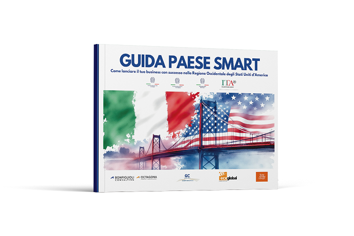 Un libro intitolato "Guida Paese Smart" presenta illustrazioni delle bandiere italiana e americana e un ponte che collega i due Paesi, a simboleggiare i legami commerciali come la gestione temporanea tra Italia e Stati Uniti.