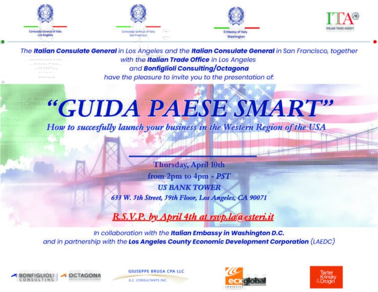 Unisciti a noi il 10 aprile 2014 a Los Angeles per "Guida Paese Smart", un esclusivo Evento di lancio Los Angeles. Con i loghi del Consolato Generale Italiano e delle principali aziende, questo evento è il tuo Passaporto per il successo nel lancio di attività commerciali negli Stati Uniti occidentali.