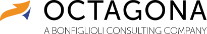 Octagona's logo characterized by an orange arrow with a small blue triangle underneath, next to the word "OCTAGONA" in bold black lettering and the words "EXPORT CONSULT COMPANY" in smaller font below.