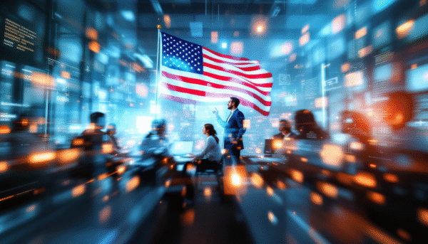 Un gruppo di professionisti lavora ai computer in un ufficio altamente tecnologico, con una grande bandiera americana sullo sfondo ed elementi di dati digitali luminosi che evidenziano il Digital Talk e l'innovazione della supply chain, creando un'atmosfera dinamica e futuristica.