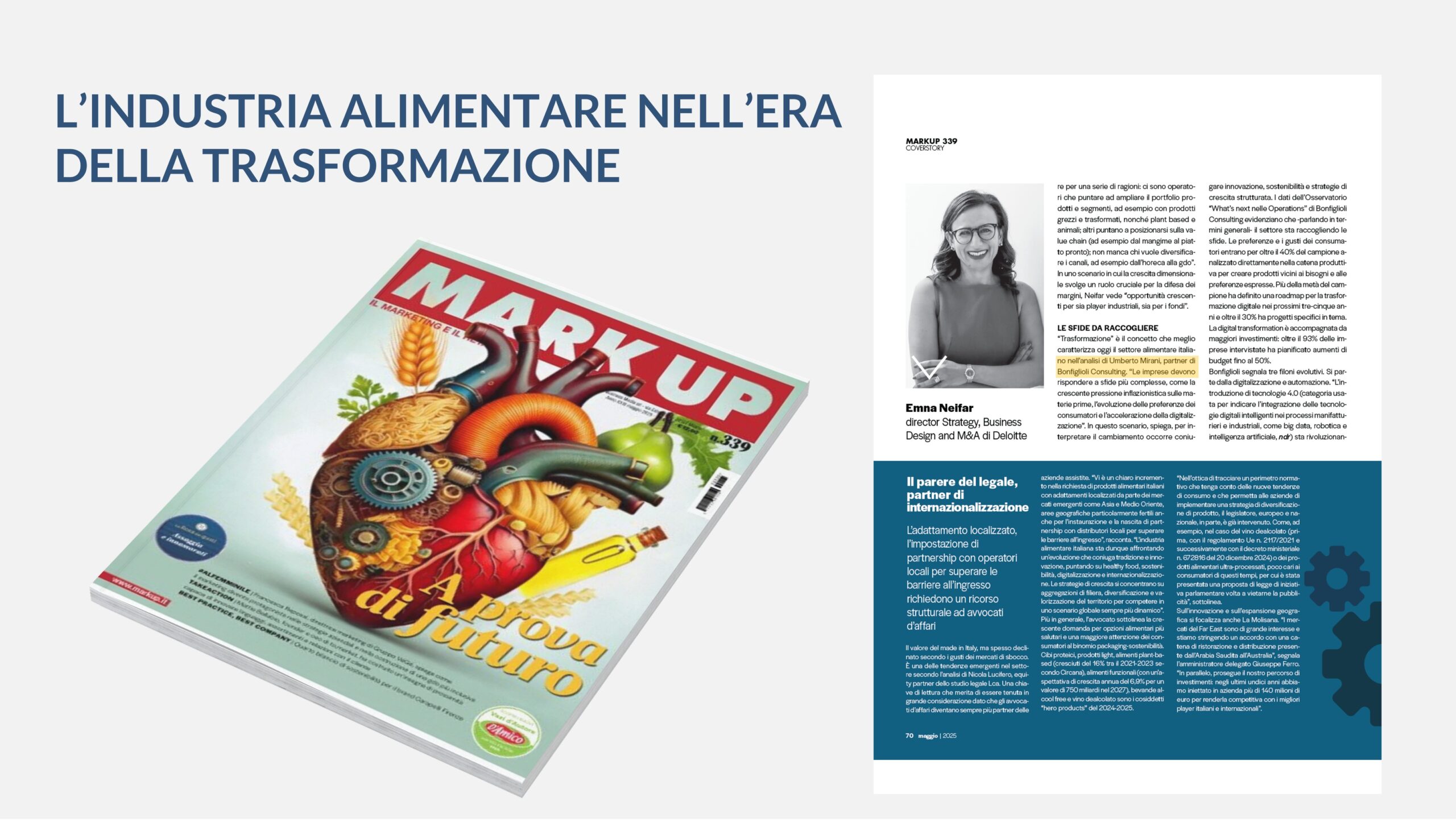 La copertina di una rivista intitolata "MARK UP Maggio 2025" presenta illustrazioni colorate di cibo e macchinari, accanto a una pagina con una foto in bianco e nero di una donna e un testo in italiano sulla trasformazione dell'industria alimentare.