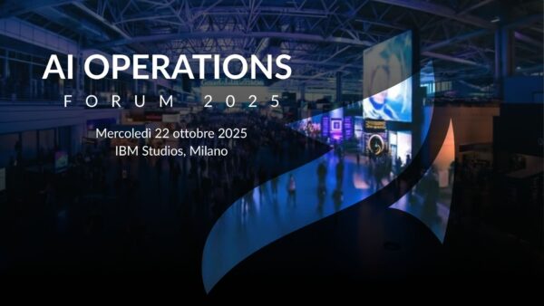 Ampia sala eventi con persone che camminano sotto luci blu e viola. Il testo recita "AI Operations Forum 2025, Mercoledì 22 ottobre 2025, IBM Studios, Milano". Una grafica moderna mette in risalto questo importante evento sulle operazioni di intelligenza artificiale.