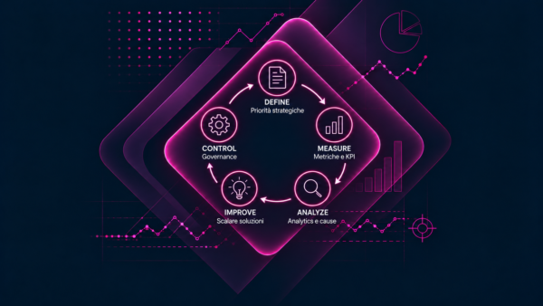 Un diagramma di flusso in stile neon illustra le cinque fasi del processo Lean Six Sigma White Belt: Definizione, Misurazione, Analisi, Miglioramento e Controllo, ciascuna contrassegnata da icone in italiano. Lo sfondo presenta tabelle di dati, grafici e motivi geometrici.