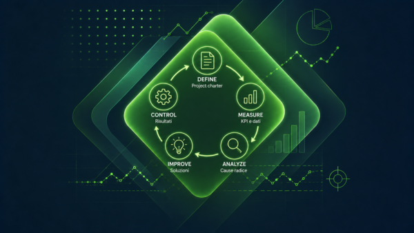 Un diagramma verde neon che illustra il processo DMAIC nel corso Lean Six Sigma White Belt: Definizione della carta del progetto, Misurazione dei KPI e dei dati, Analisi delle cause profonde, Miglioramento delle soluzioni e Controllo dei risultati, con icone e grafici dei dati sullo sfondo.