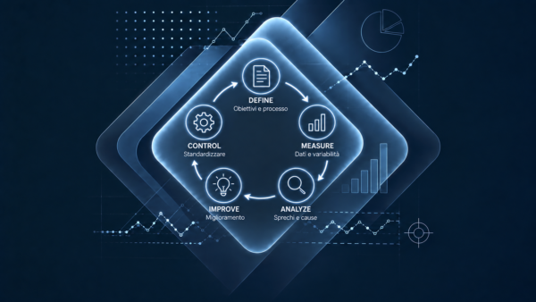 Un diagramma digitale che illustra il ciclo DMAIC del Lean Six Sigma: Definizione, Misurazione, Analisi, Miglioramento e Controllo, con icone e didascalie in italiano su uno sfondo blu scuro con grafici di dati — ideale per i materiali didattici della formazione White Belt.