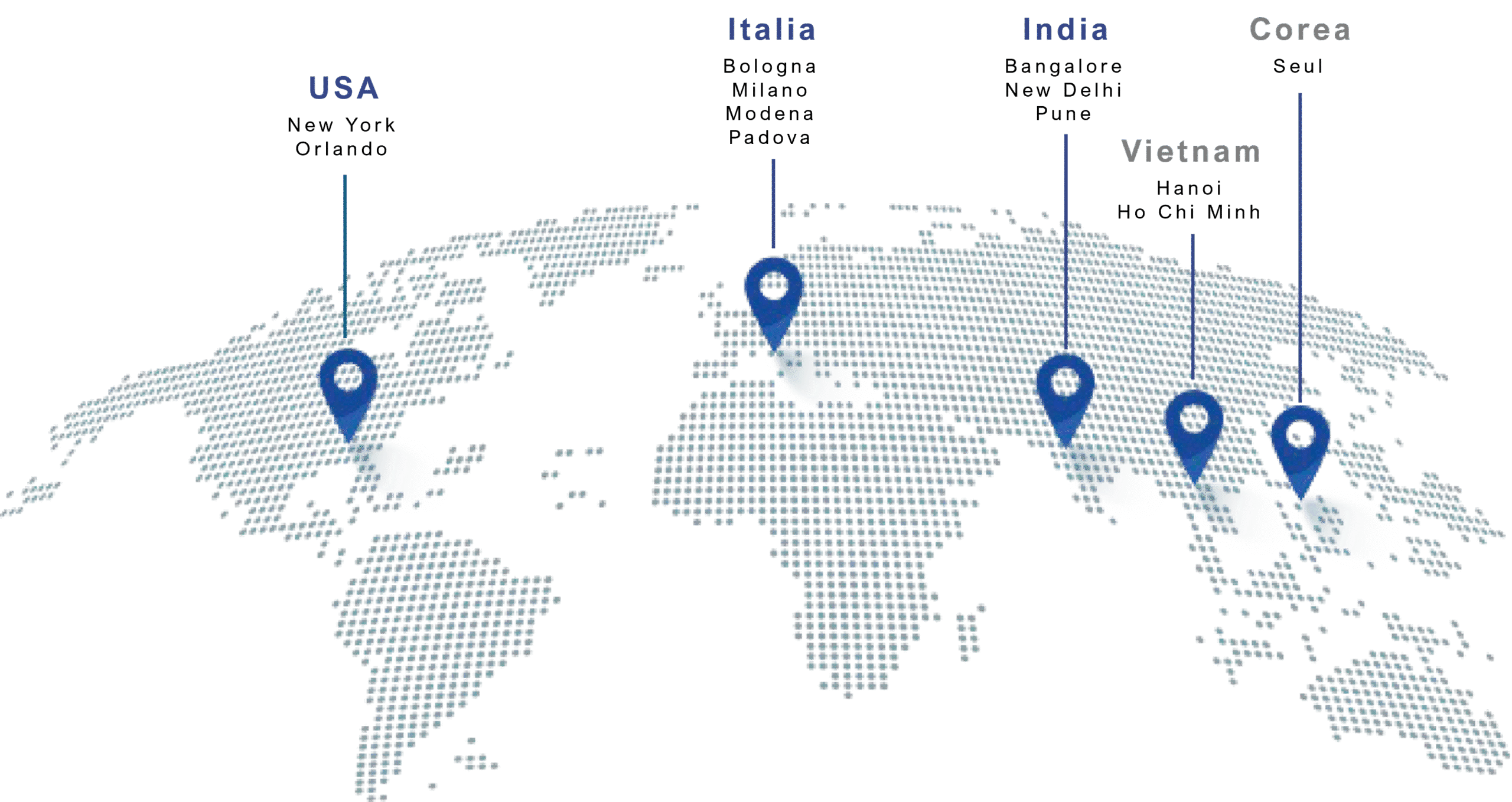 A world map outlined with blue pins pointing to the United States, Italy, India, Vietnam and Korea, each labeled in their respective languages.