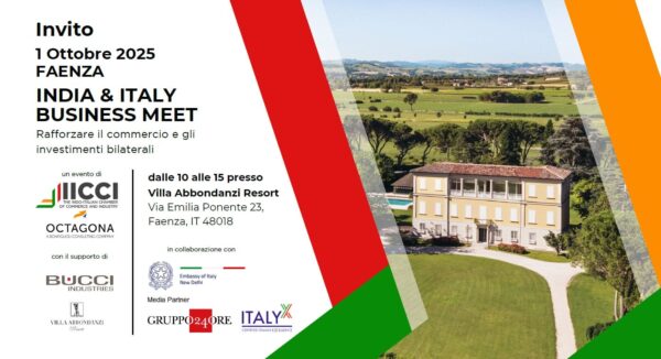 Invitation for the India Italy Business Meet on October 1, 2025 in Faenza, Italy. Presents event details, India Italy Business Meet logos, a country villa setting, and contact information for the venue.