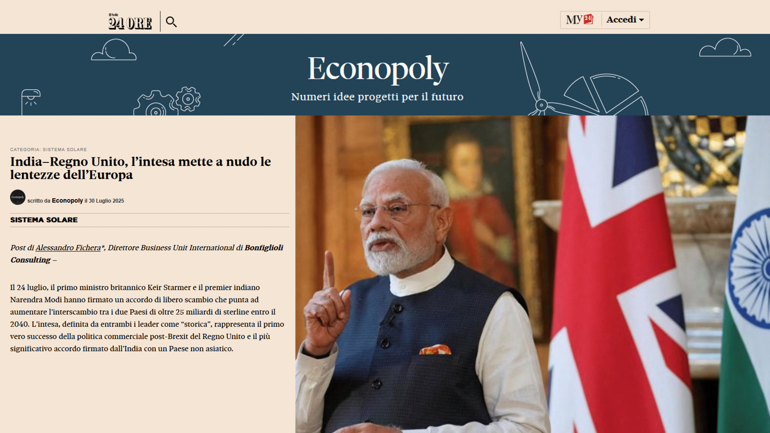 Il primo ministro indiano Narendra Modi parla su un podio, gesticolando con la mano, mentre alle sue spalle si ergono le bandiere del Regno Unito e dell'India. Il titolo di questa pagina web di Bozza automatica Econopoly parla delle relazioni tra India e Regno Unito e dell'Europa in italiano.