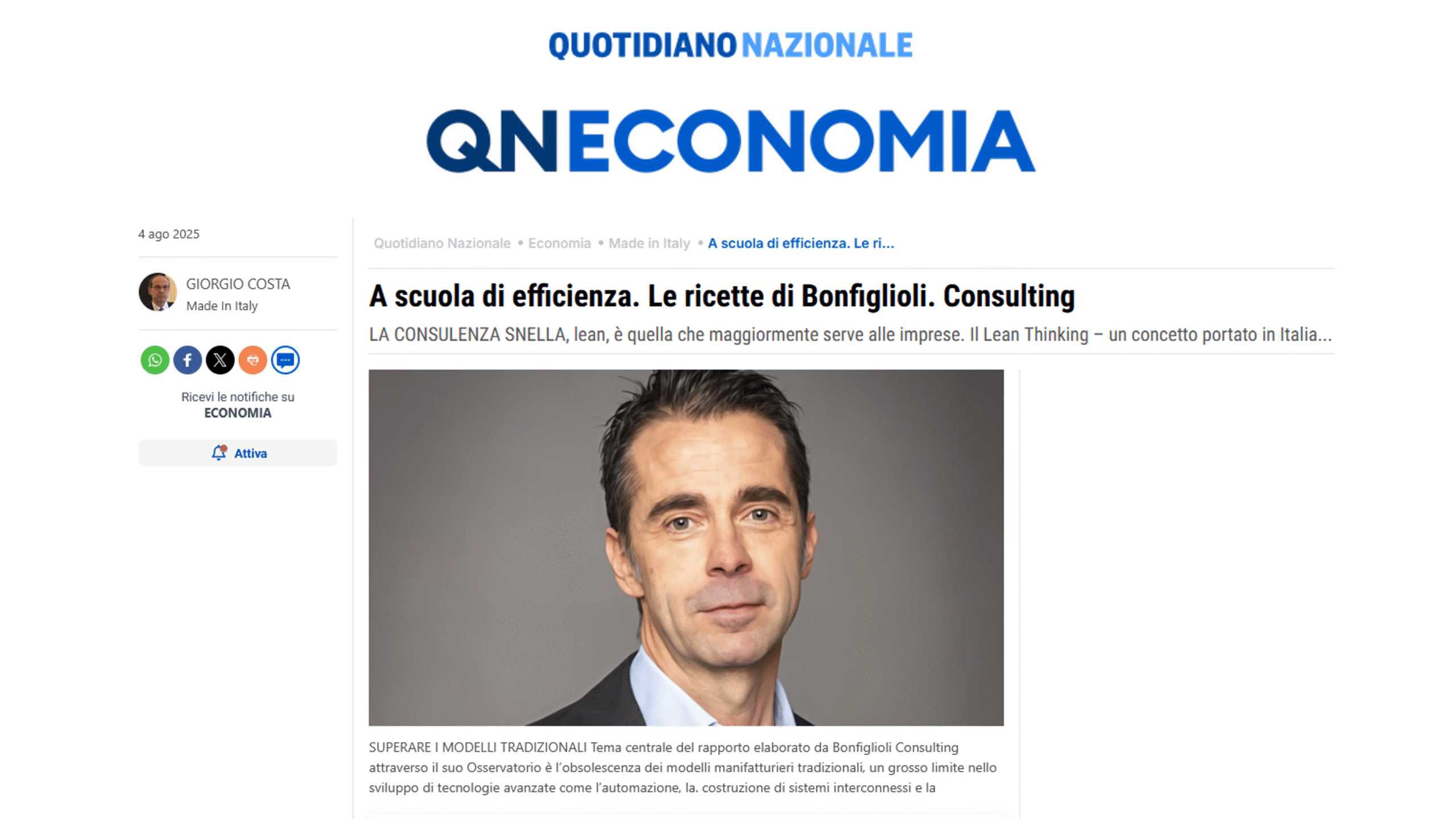 Screenshot di un articolo di QN Economia tratto da Il Resto del Carlino, con una foto di un uomo in giacca e cravatta e il titolo che parla delle strategie di efficienza aziendale di Bonfiglioli Consulting. Data 4 agosto 2025.