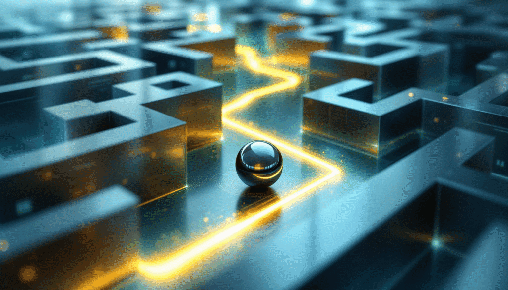 Una sfera nera e lucente si muove lungo un percorso giallo e luminoso attraverso un labirinto digitale futuristico con pareti metalliche, che simboleggia l'azione concreta o la navigazione strategica, un po' come l'implementazione di Hoshin Kanri in un ambiente high-tech.
