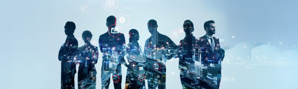Sei professionisti dell'economia sono in fila, con le loro sagome sovrapposte a un paesaggio urbano e a icone digitali, a simboleggiare lo sviluppo delle persone, la tecnologia e il lavoro di squadra in un ambiente urbano moderno.