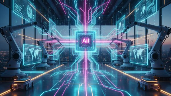 Un laboratorio futuristico con bracci robotici, schermi digitali che visualizzano dati e un chip AI luminoso al centro collegato da linee al neon, che simboleggiano l'AI industriale avanzata e l'innovazione. Lo skyline della città è visibile attraverso grandi finestre.