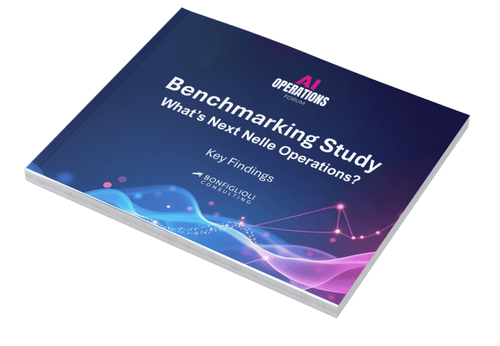 Un opuscolo intitolato "Studio di benchmarking: What's Next Nelle Operations? Key Findings" di Bonfiglioli Consulting, con copertina blu e viola con grafica a onde astratte e logo "AI Operations Forum" dell'Osservatorio Permanente.