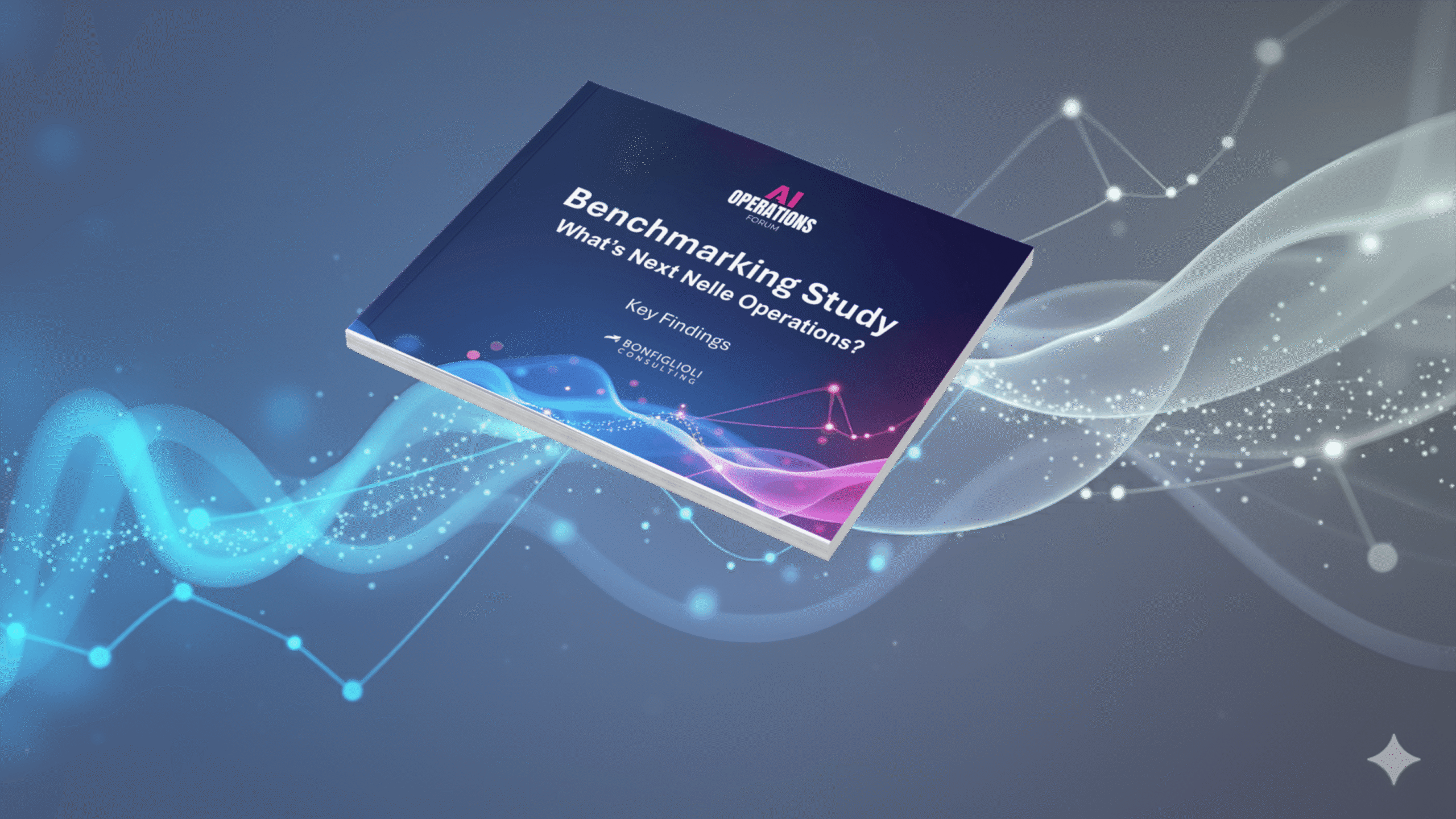 Un libro intitolato Benchmarking Study: What's Next in AIOps AI Operations? Key Findings and Bozza automatica fluttua su uno sfondo digitale astratto blu e viola con scie luminose e punti di dati.