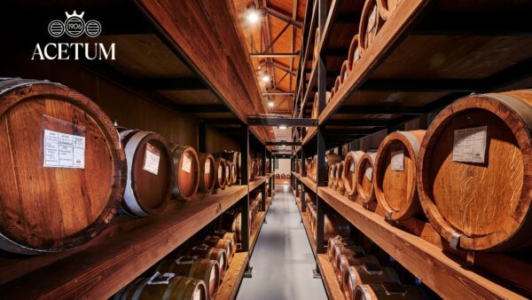 Rows of wooden barrels aging on shelves in a well-lit cellar with a wooden ceiling; the ACETUM logo is visible in the upper left corner, capturing the essence of an Acetum Factory Tour.