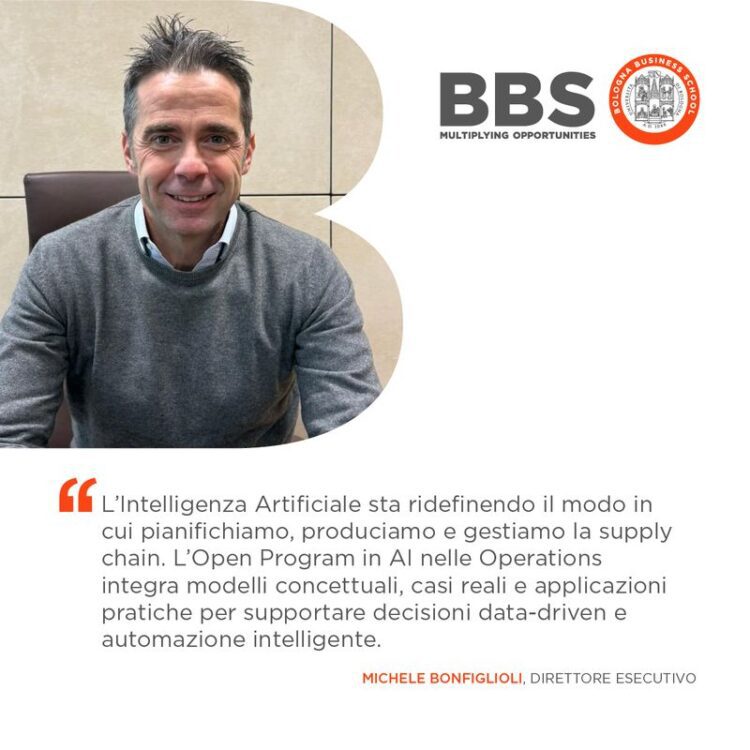 A man in a gray jacket is sitting at his desk and smiling. The Bologna Business School logo is in the upper right corner. Below is a quote on AI in Operations and Supply Chain Management, attributed to Michele Bonfiglioli, Executive Director, BBS Open Program.