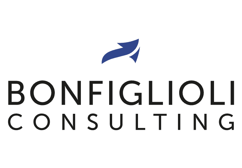 Logo della Bonfiglioli Consulting con il simbolo di una freccia astratta blu sopra il nome dell'azienda in grassetto nero su sfondo bianco.