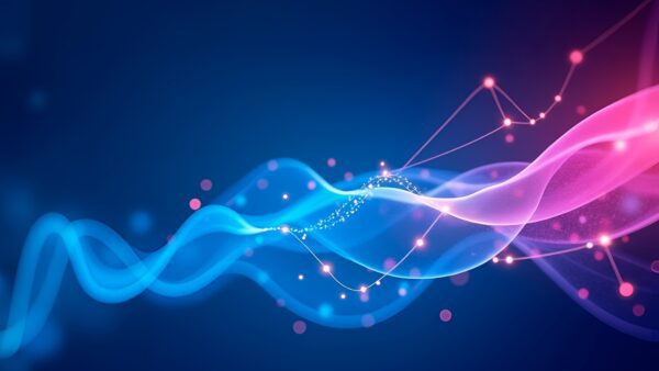 Immagine digitale astratta che mostra onde vorticose blu e rosa con punti luminosi e linee di collegamento su uno sfondo blu scuro, che rappresenta l'evoluzione del flusso di dati o la tecnologia futuristica.