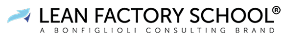 Logo con una freccia stilizzata blu a sinistra e il testo "LEAN FACTORY SCHOOL®" in grassetto e maiuscolo. Sotto, un testo più piccolo recita "A BONFIGLIOLI CONSULTING BRAND".
