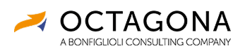 Logo con una forma di freccia astratta arancione e blu a sinistra della parola OCTAGONA. In basso, la scritta "A Bonfiglioli Consulting Company" in caratteri più piccoli.
