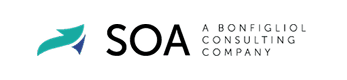 Logo per SOA, società di consulenza Bonfiglioli. L'immagine presenta una freccia stilizzata blu e verde acqua sulla sinistra, con il testo SOA in grassetto nero e A Bonfiglioli Consulting Company in testo grigio più piccolo.