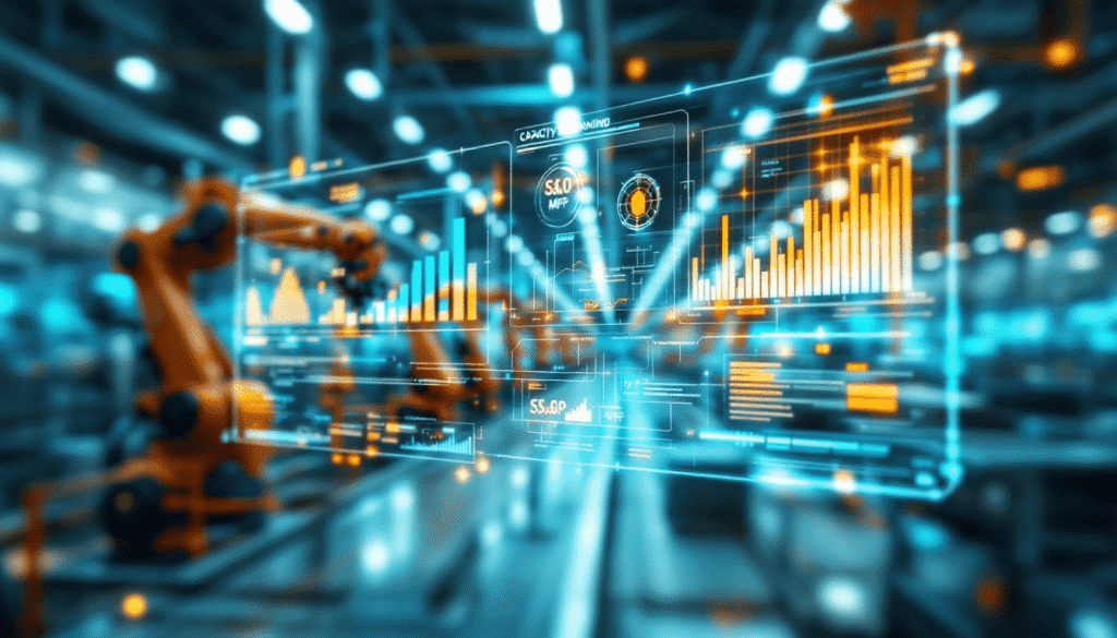 Una fabbrica futuristica con bracci robotici e un'interfaccia digitale che visualizza grafici e tabelle di dati, evidenziando l'automazione avanzata, la tecnologia di produzione intelligente e la pianificazione efficiente della produzione.