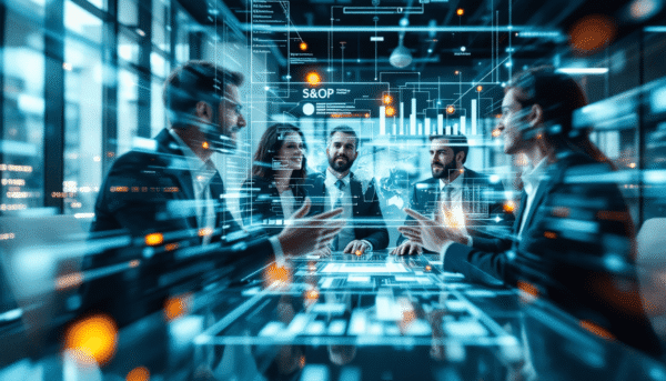 Un gruppo di professionisti in abiti formali siede intorno a un tavolo da conferenza per discutere di strategie di pianificazione delle vendite e delle operazioni, con dati e grafici digitali sovrapposti che suggeriscono un ambiente aziendale collaborativo e altamente tecnologico.