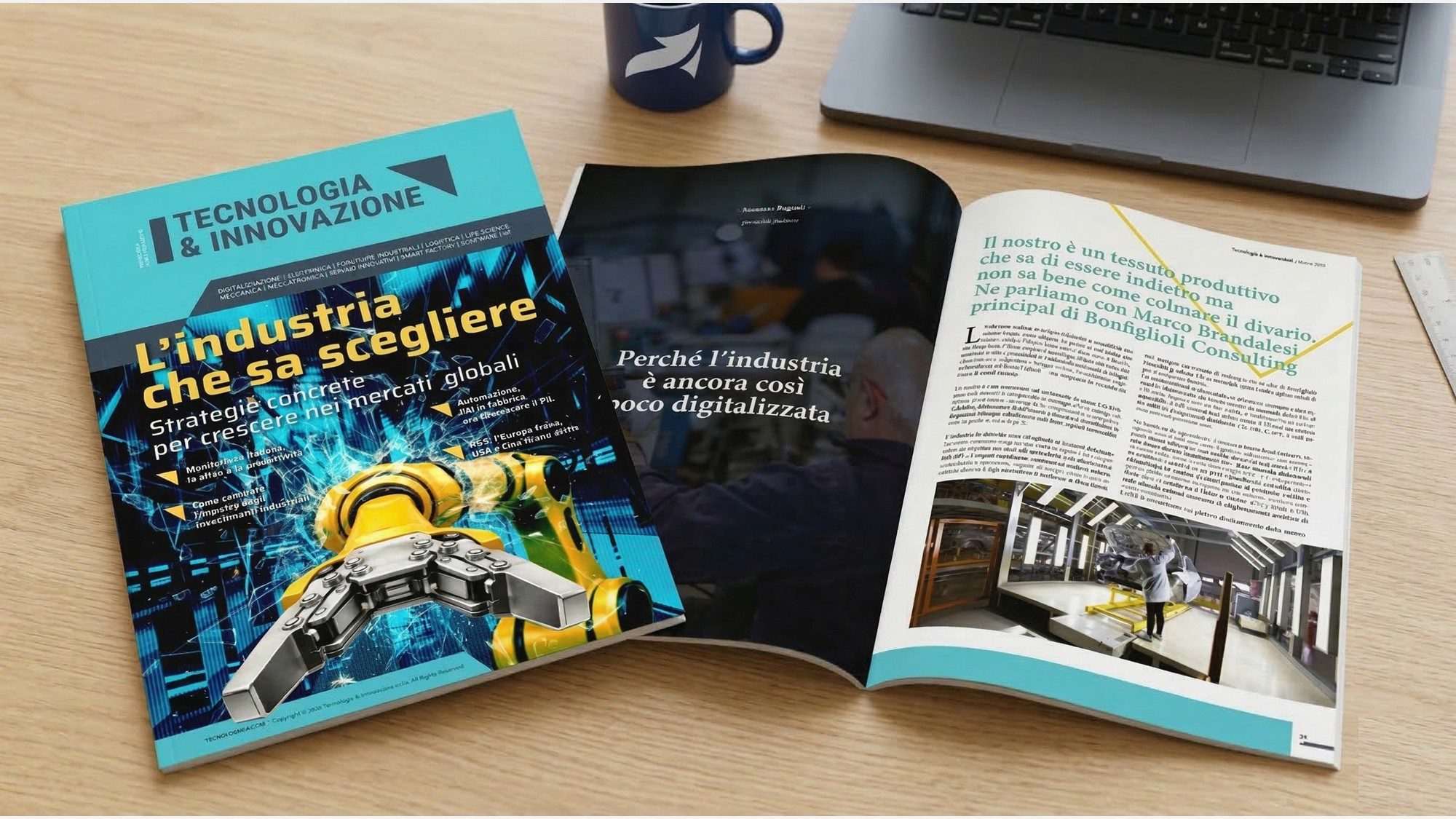 Due riviste aperte su una scrivania presentano articoli sulla tecnologia-innovazione e sull'industria-digitale, con una copertina che mostra bracci robotici e l'altra immagini industriali. Sulla scrivania di legno sono visibili anche un computer portatile e una tazza.